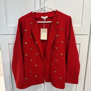 Diane Gilman Red Knit Blazer with Gold Heart Buttons